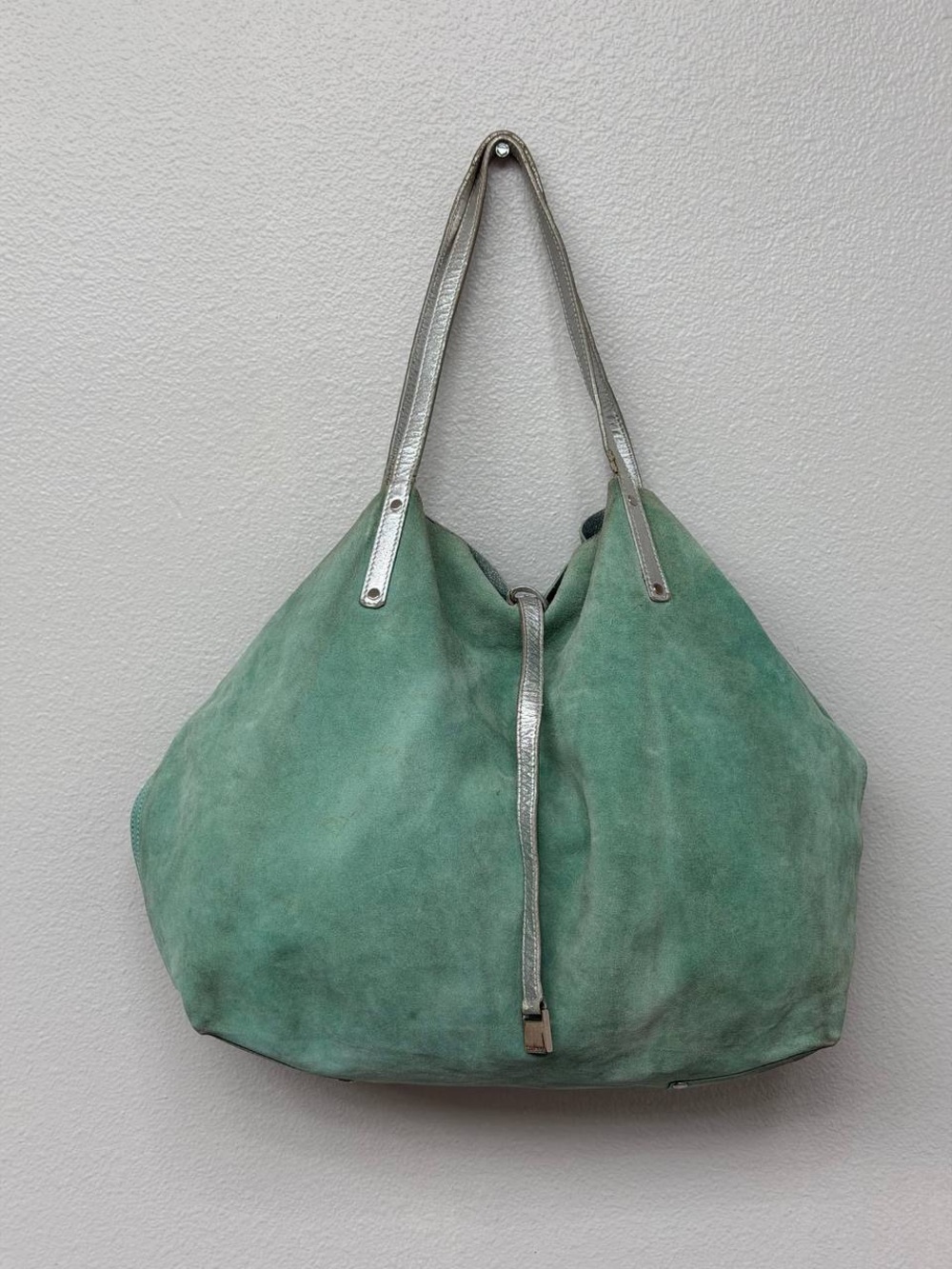 Tiffany & Co. Large Reversible Green Suede Silver Metallic Leather Tote Bag